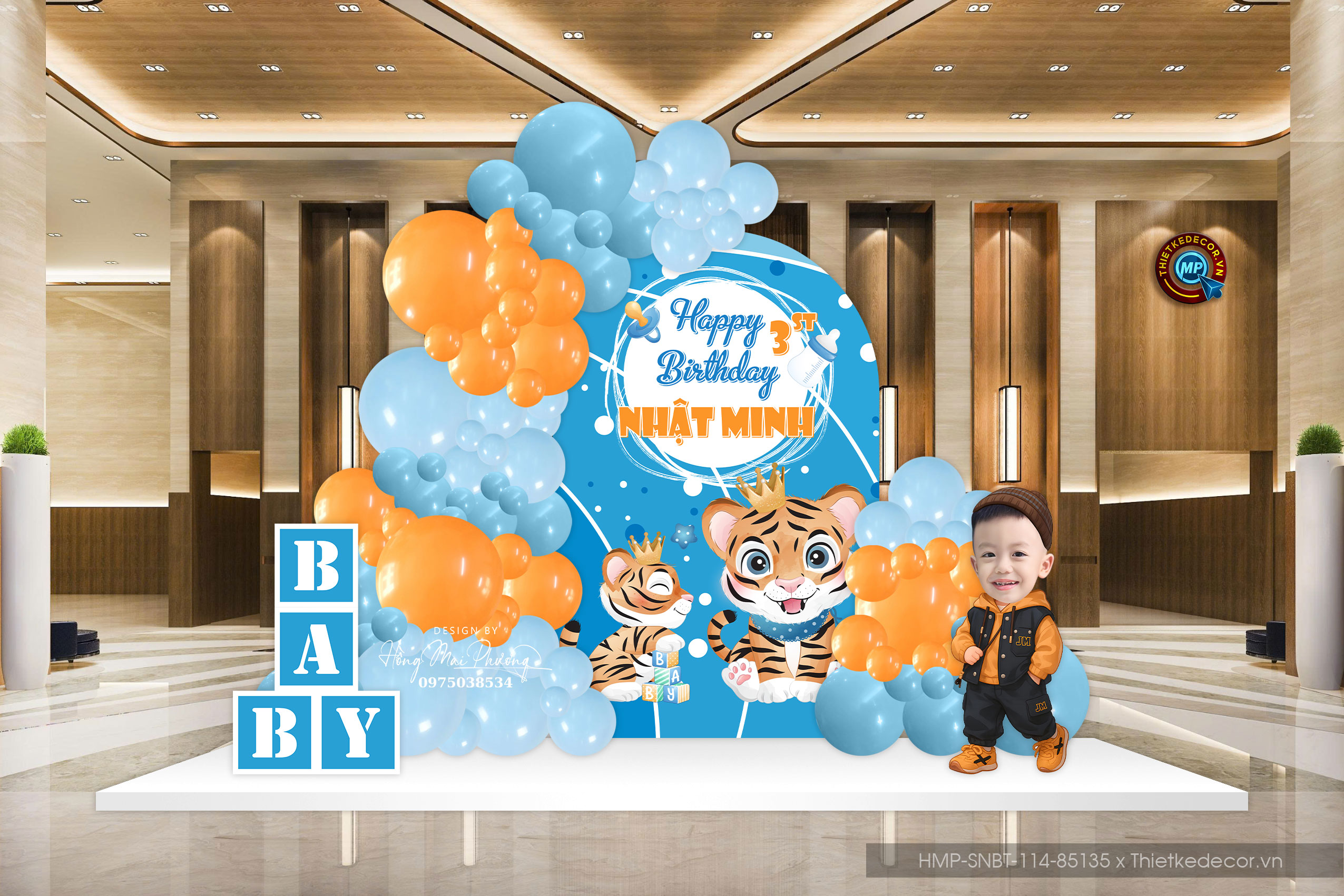 File thiết kế trang trí decor sinh nhật- thôi nôi bé trai đáng yêu cute tuổi Dần tone xanh mix cam